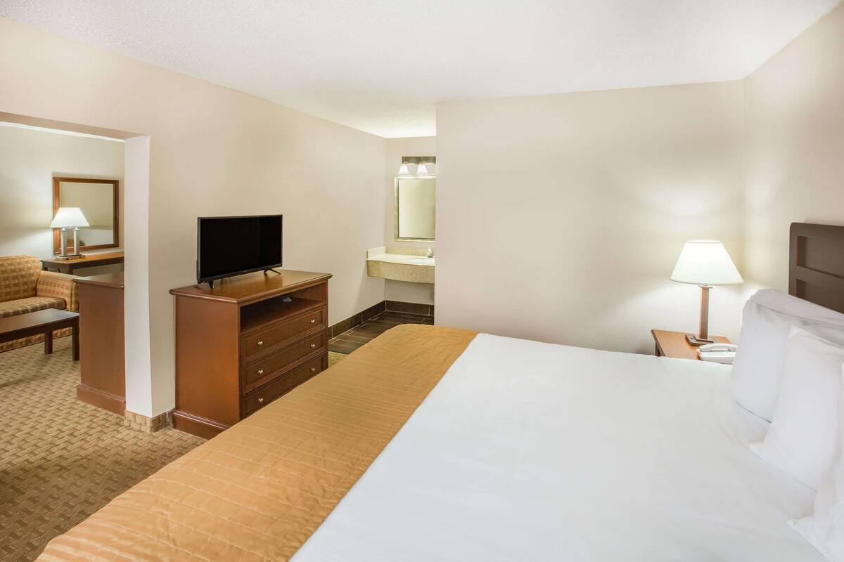 A hotel room with a large bed, a television, a desk with a lamp, a chair, and a mirror.