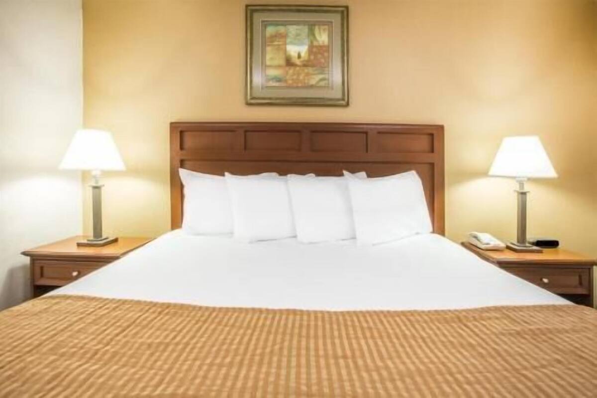A hotel room with a large bed, two bedside lamps, a wooden headboard, and a framed picture on the wall.