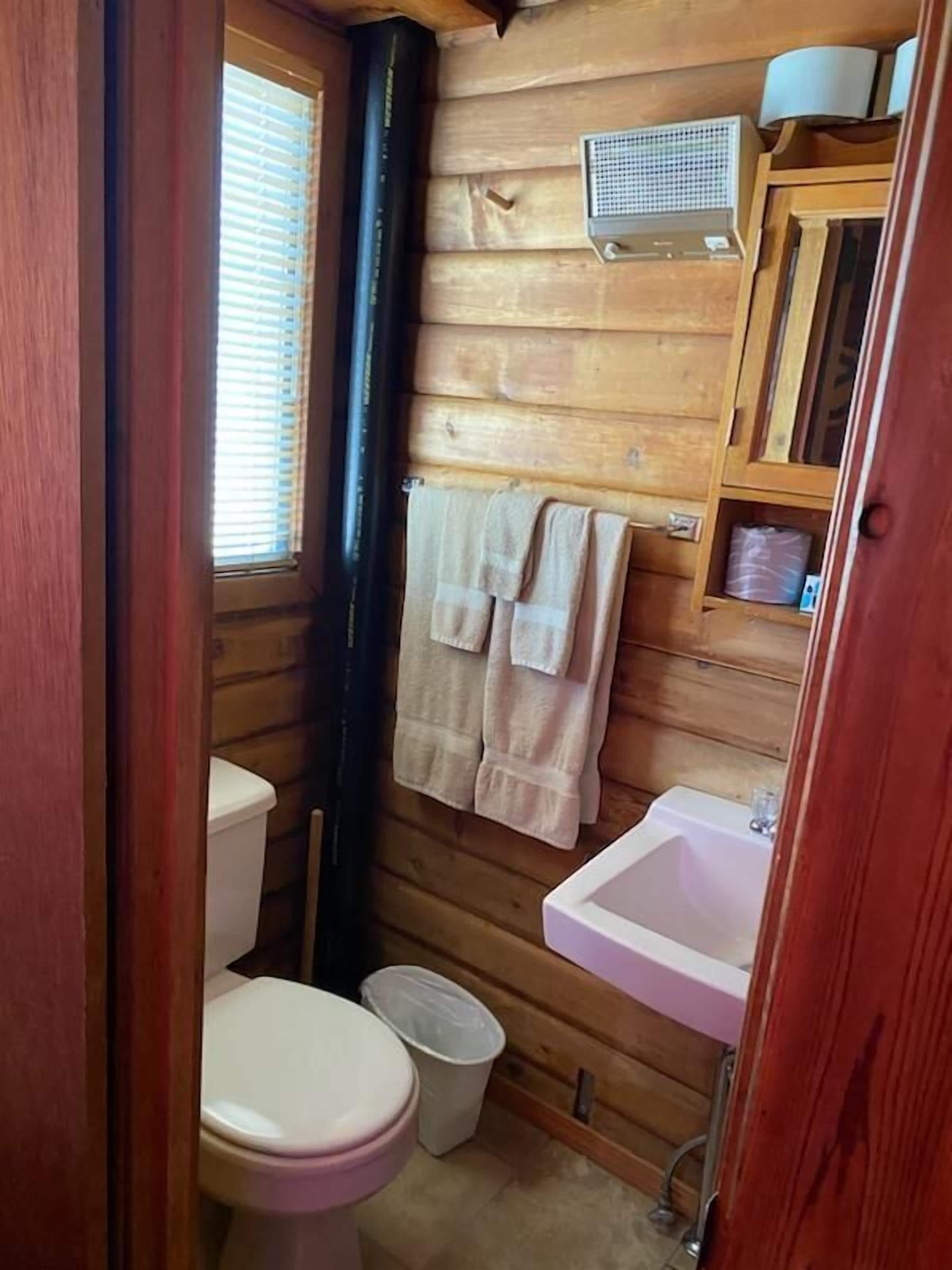 Et lille badeværelse i en træhytte med toilet, vask og håndklædestang.