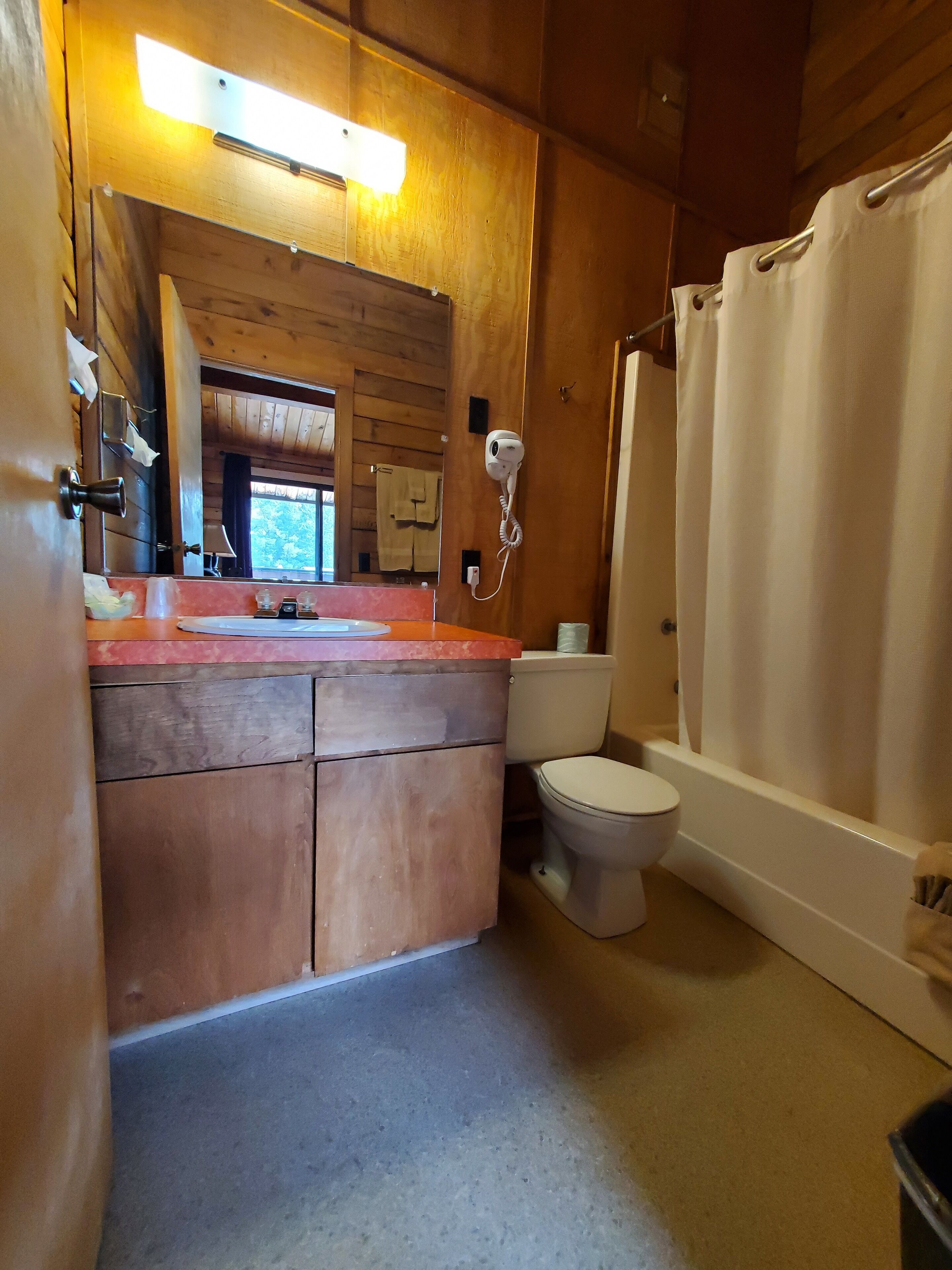 A bathroom with a wooden vanity, a toilet, a shower curtain, and a hairdryer mounted on the wall.
