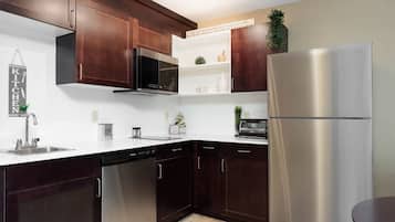 Fridge, microwave, dishwasher, coffee/tea maker