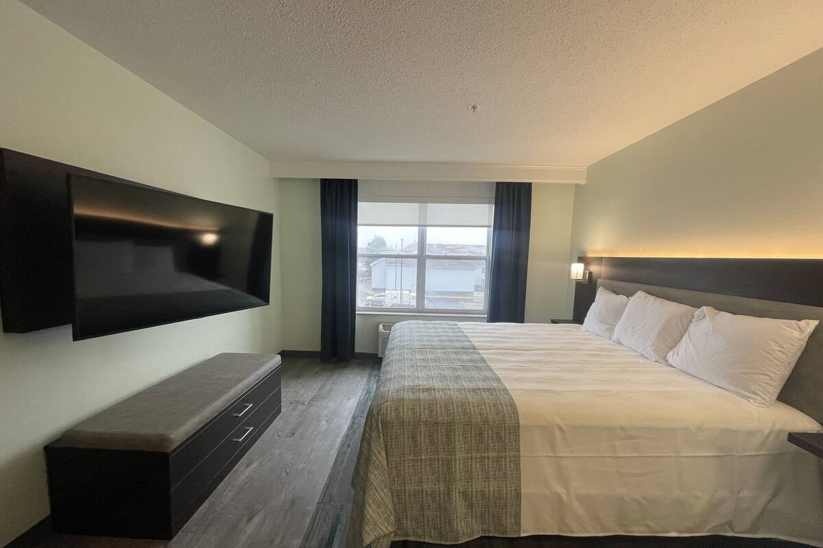 Une chambre d’hôtel avec un grand lit, un téléviseur à écran plat fixé au mur, un banc et une fenêtre donnant sur l’extérieur.