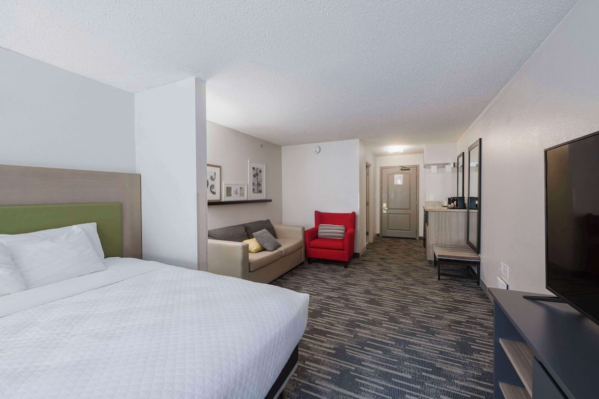 A hotel room with a bed, a sofa, a red armchair, a TV, and a small desk.