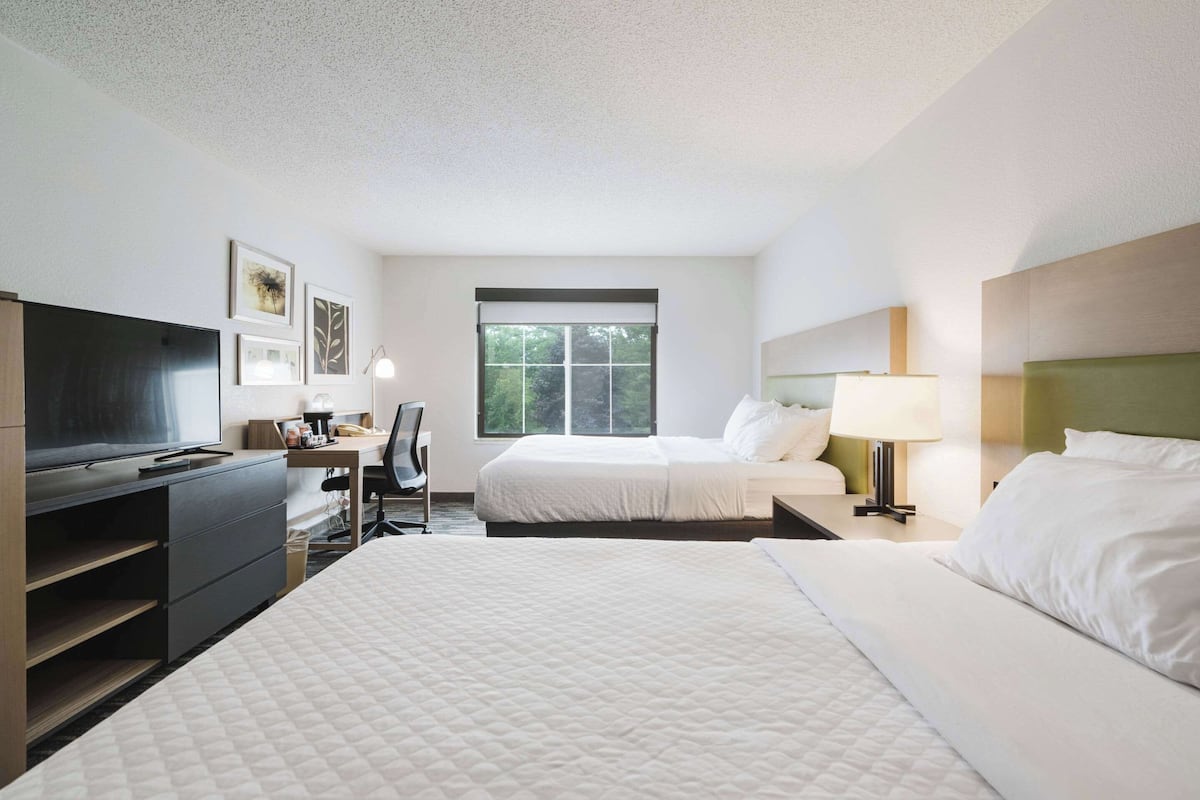 A hotel room with two beds, a desk, a television, and a window with a view of trees.
