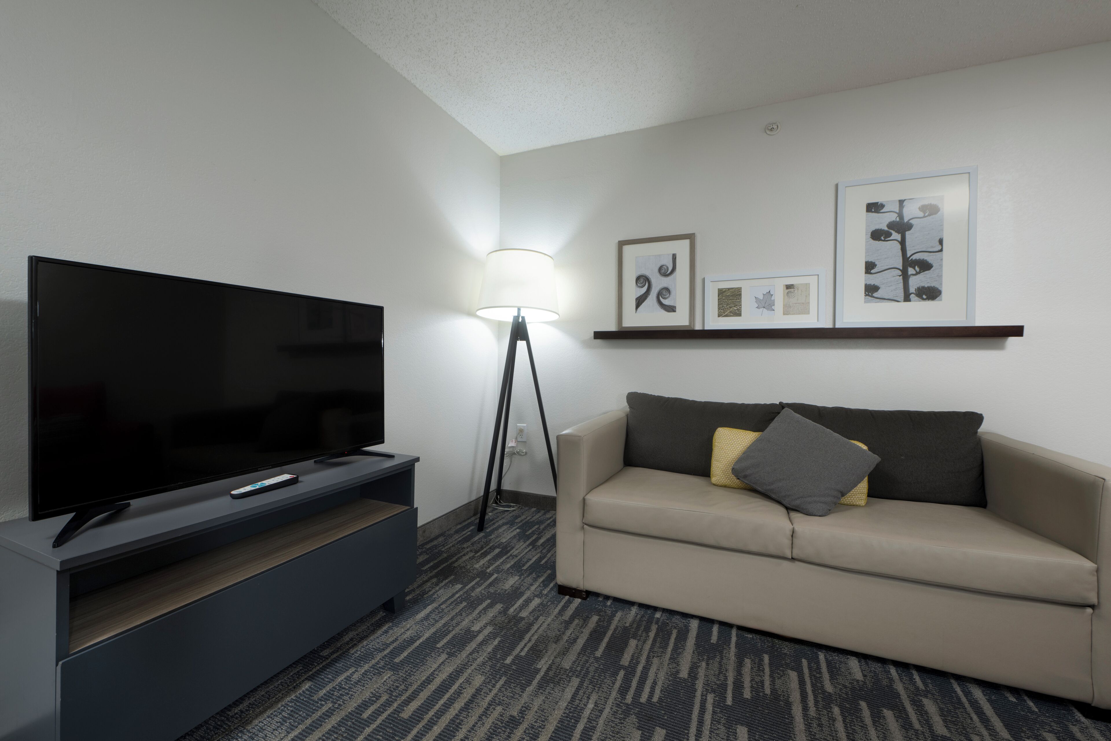 A modern hotel room with a flat-screen TV on a wooden stand, a grey sofa with cushions, a floor lamp, and framed artwork on the wall.
