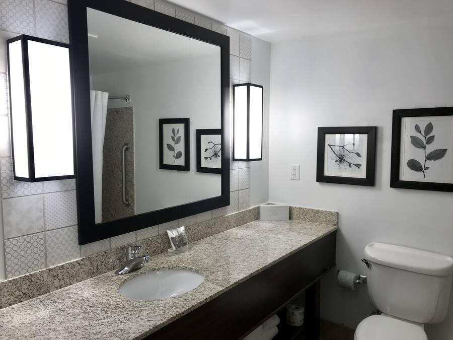 Une salle de bain avec un grand miroir, un lavabo, des toilettes et des œuvres d’art encadrées accrochées au mur.