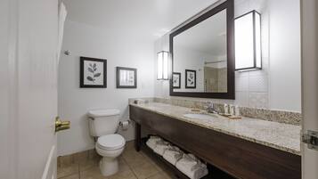 A modern bathroom with a toilet, vanity, and large mirror.