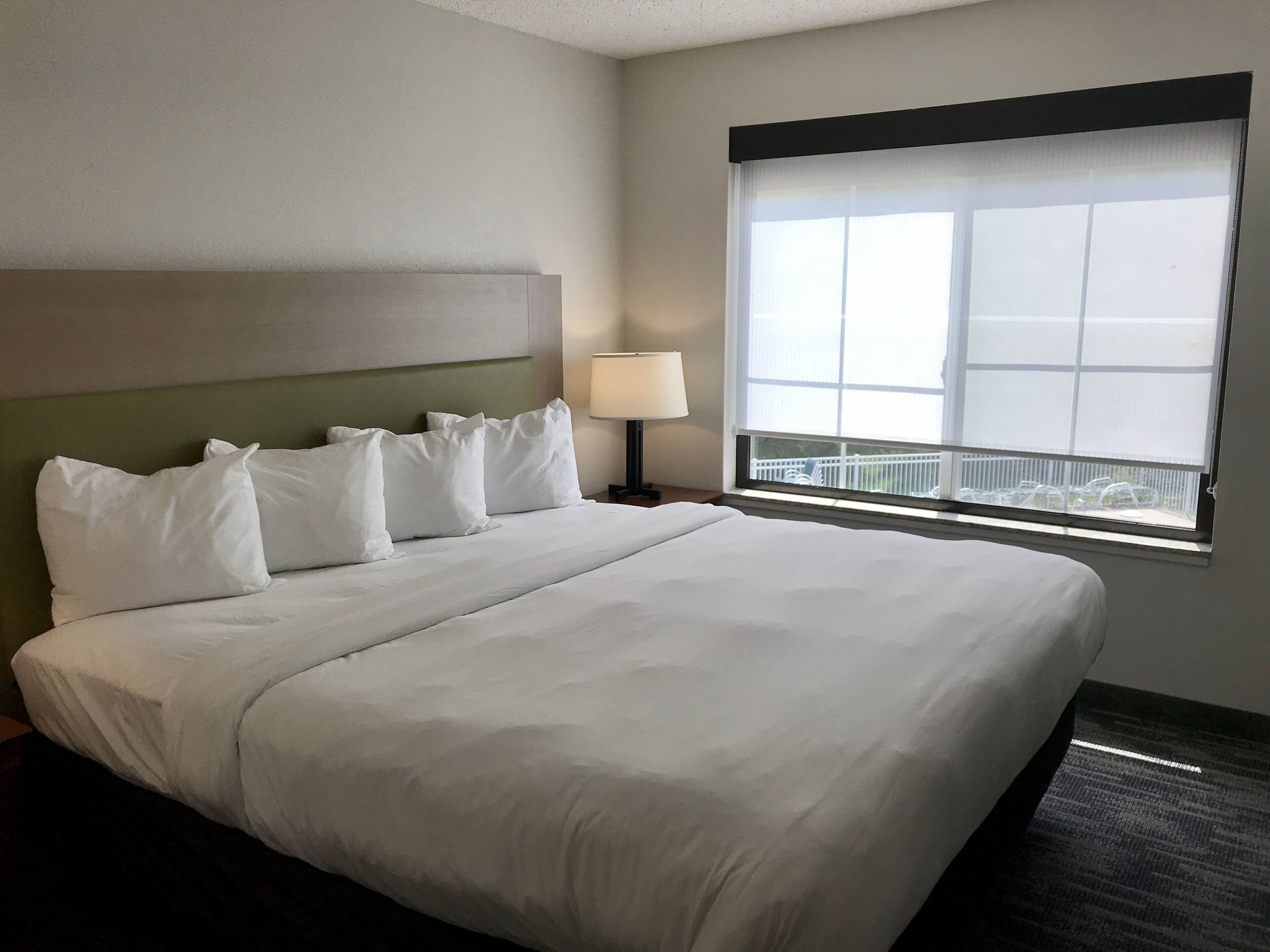 A hotel room with a large bed, a nightstand with a lamp, and a window with a view of the balcony.