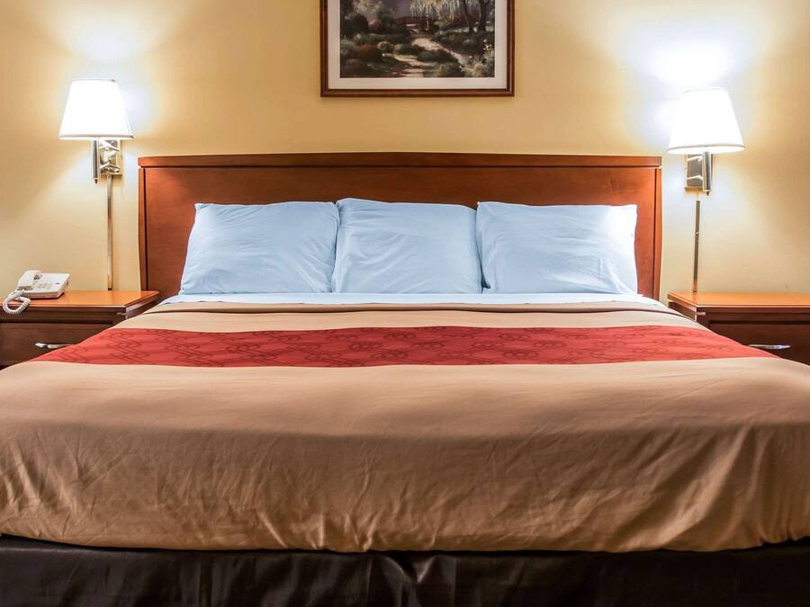 A hotel room with a large bed, two bedside tables with lamps, a telephone, and a framed picture on the wall.