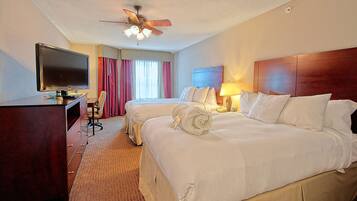 Premium bedding, pillowtop beds, desk, laptop workspace