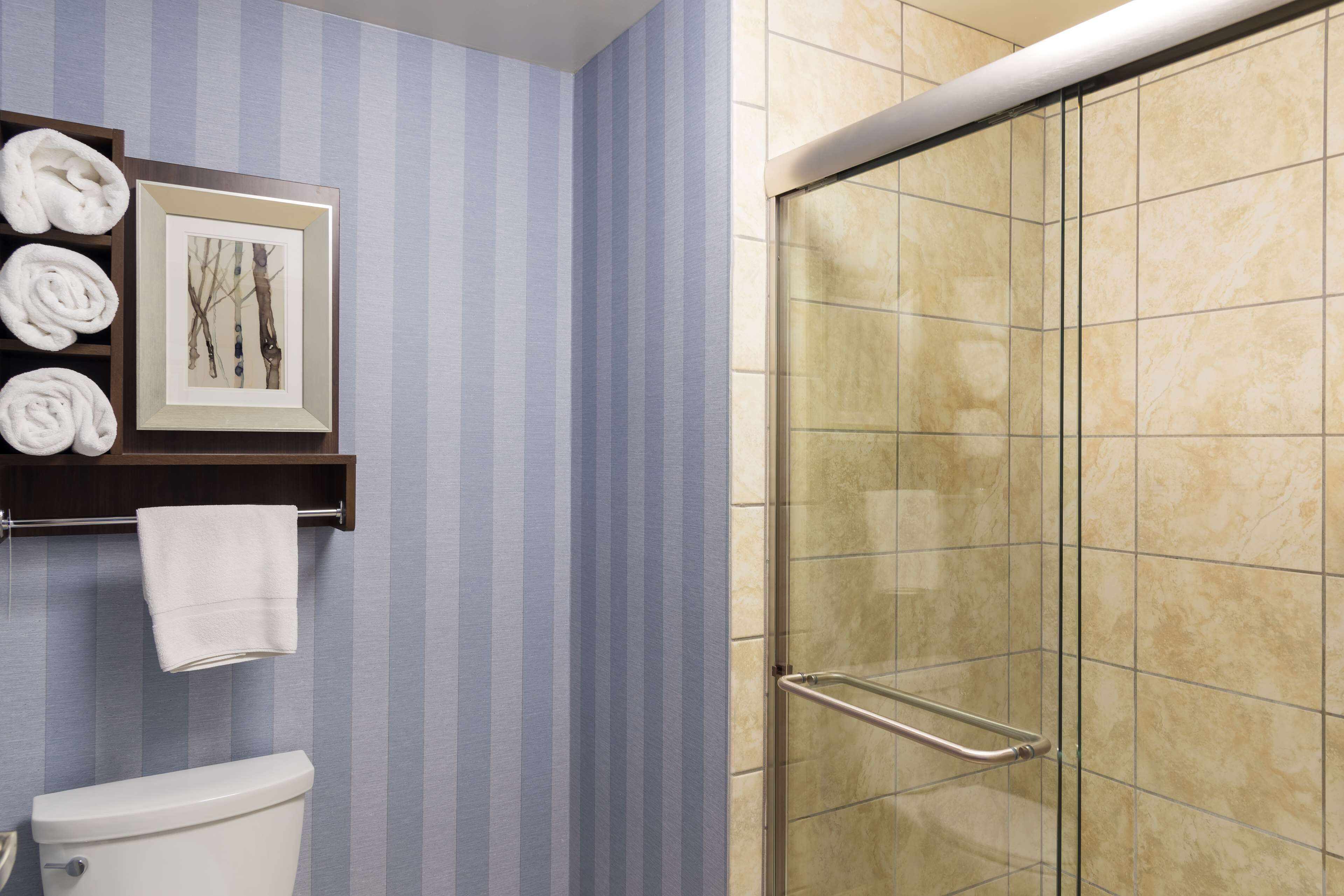 A bathroom with striped wallpaper, a toilet, a glass shower enclosure, and a towel rack with neatly rolled towels.