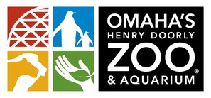 Logotipos del zoológico y acuario Henry Doorly de Omaha, con una jirafa, una mano, un ave y un patrón geométrico.