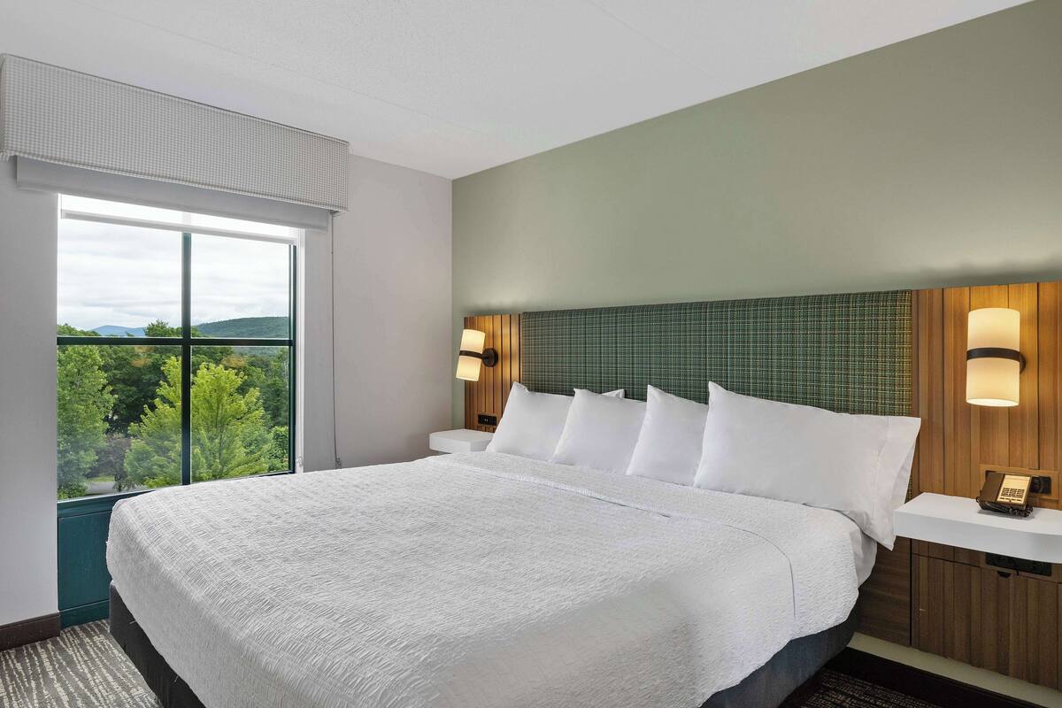Quarto de hotel com uma cama grande, duas luminárias de cabeceira, uma mesa de cabeceira e vista para o verde pela janela.