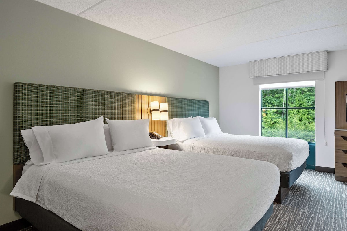 Quarto de hotel com duas camas, uma mesa de cabeceira, uma luminária e janela com vista para o verde.