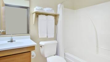 Combined shower/bathtub, hair dryer, towels, soap