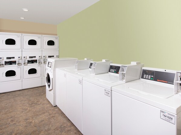 A laundry facility with multiple washing machines and dryers, arranged in rows against a light green wall.