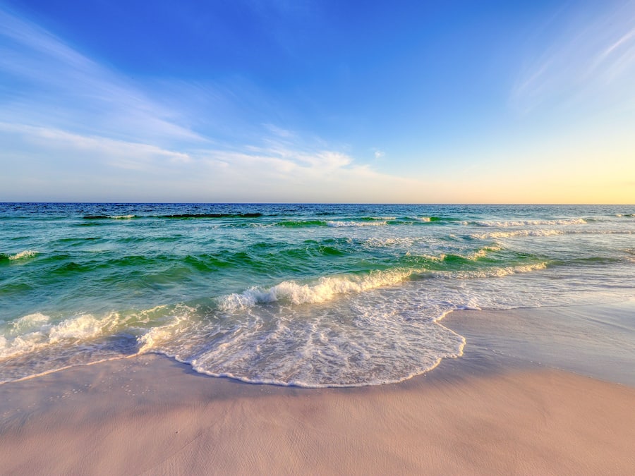 On the beach, white sand, beach umbrellas