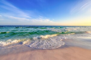 On the beach, white sand, beach umbrellas