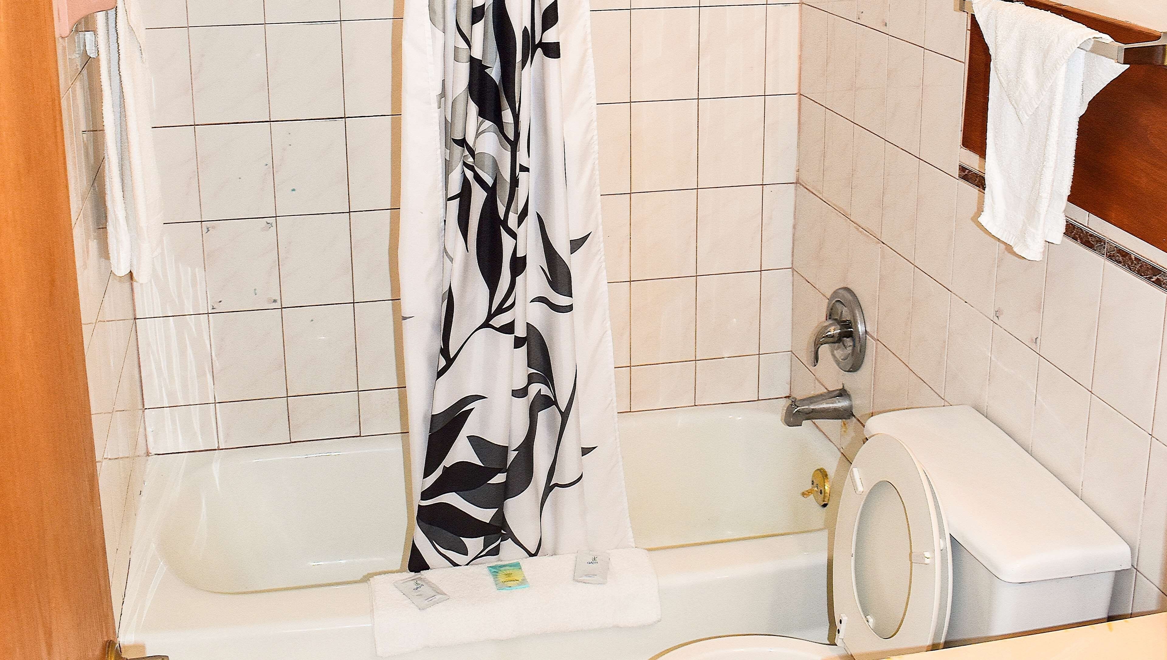 A bathroom with a bathtub, toilet, and a shower curtain.