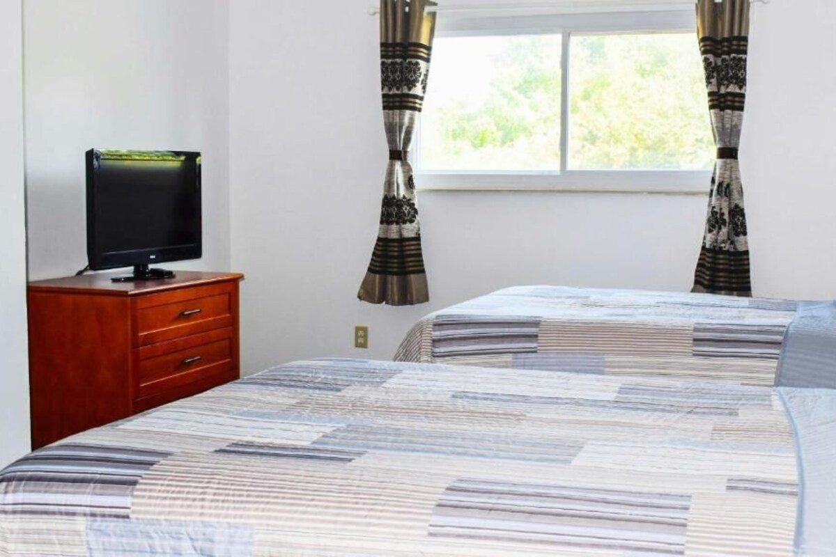 Une chambre avec deux lits, un téléviseur posé sur une commode en bois et une fenêtre avec des rideaux.