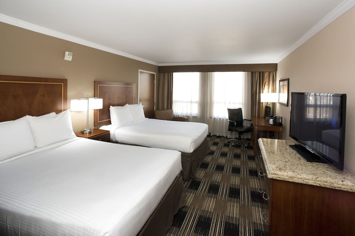 A hotel room with two beds, a desk with a TV, a chair, and a carpeted floor.