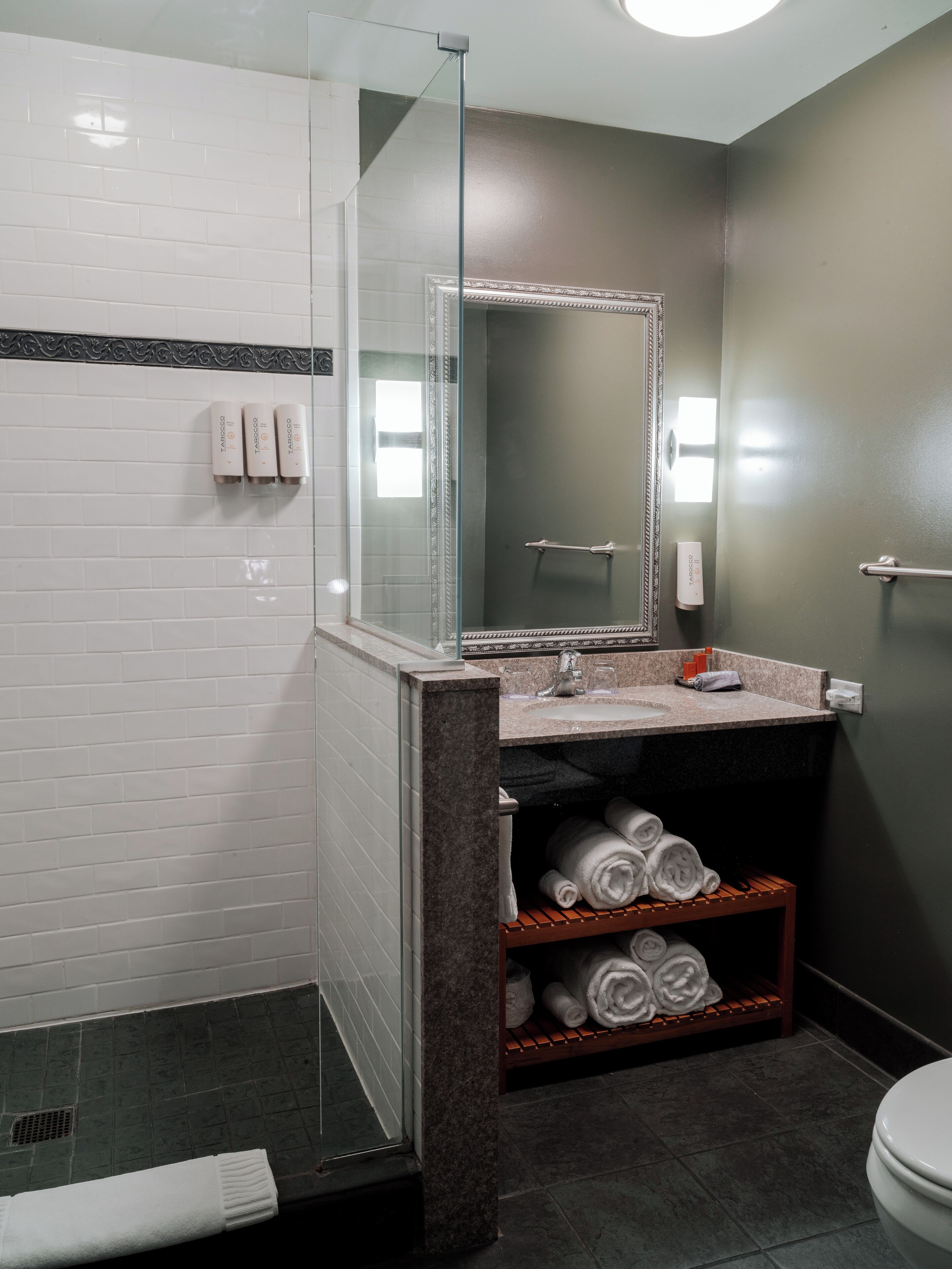 separate bathtub and shower, designer toiletries, hair dryer, bathrobes