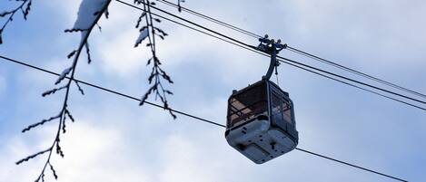 Eine Seilbahn schwebt zwischen Stromleitungen, im Vordergrund sind schneebedeckte Äste zu sehen.