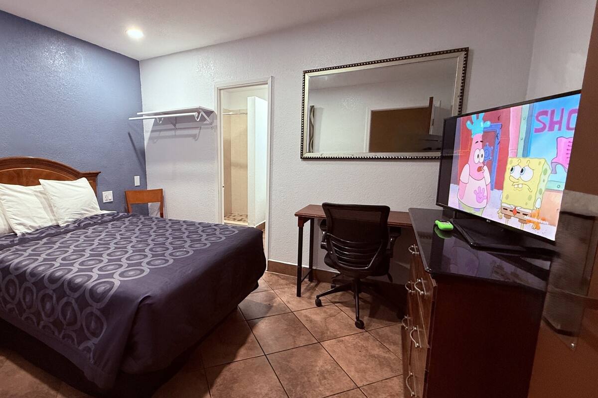 A hotel room with a bed, a desk, a chair, a TV, and a mirror.