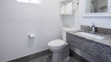 A modern bathroom with a white toilet, granite countertop sink, and a towel rack with two towels.