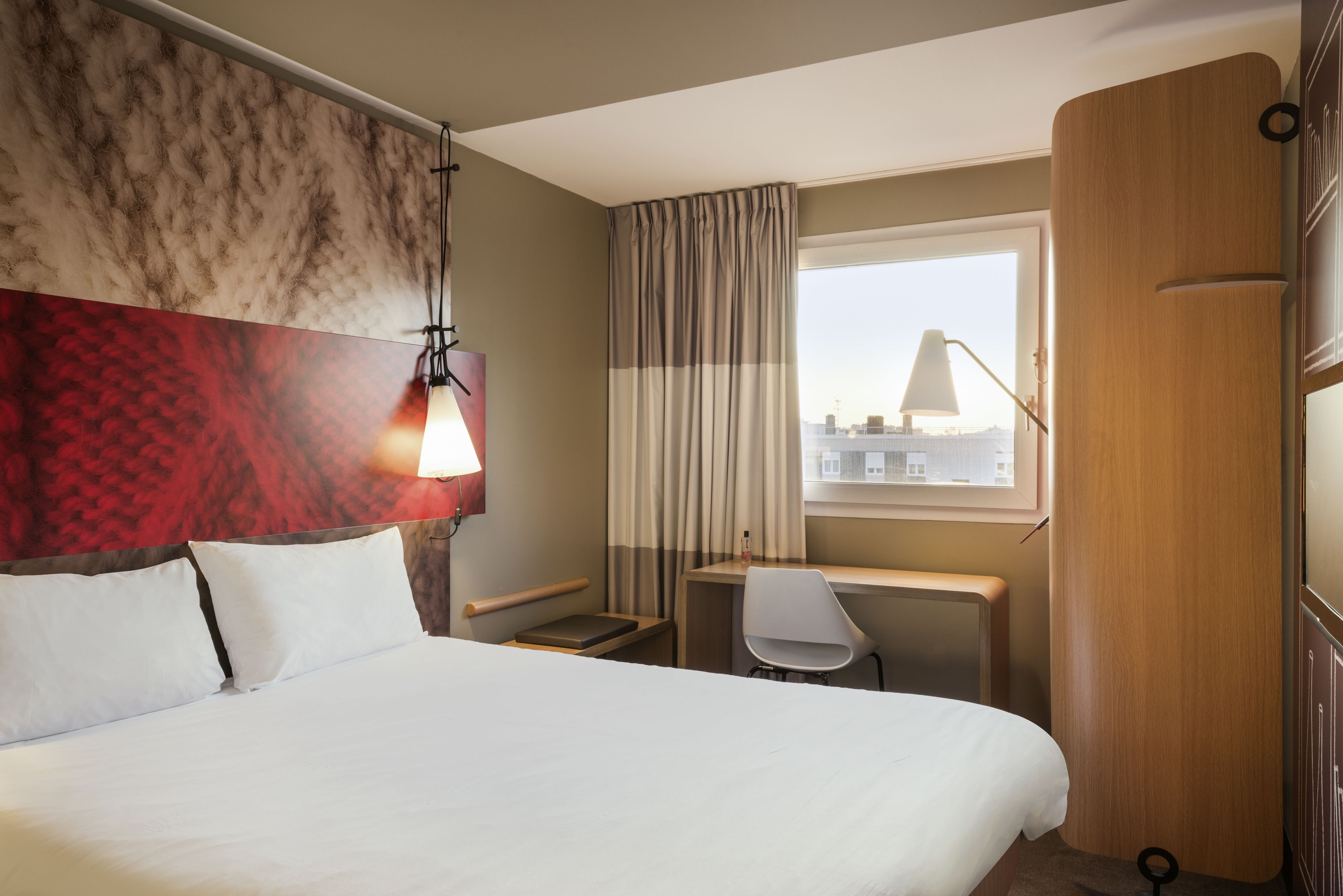 hypo-allergenic bedding, desk, blackout curtains, soundproofing