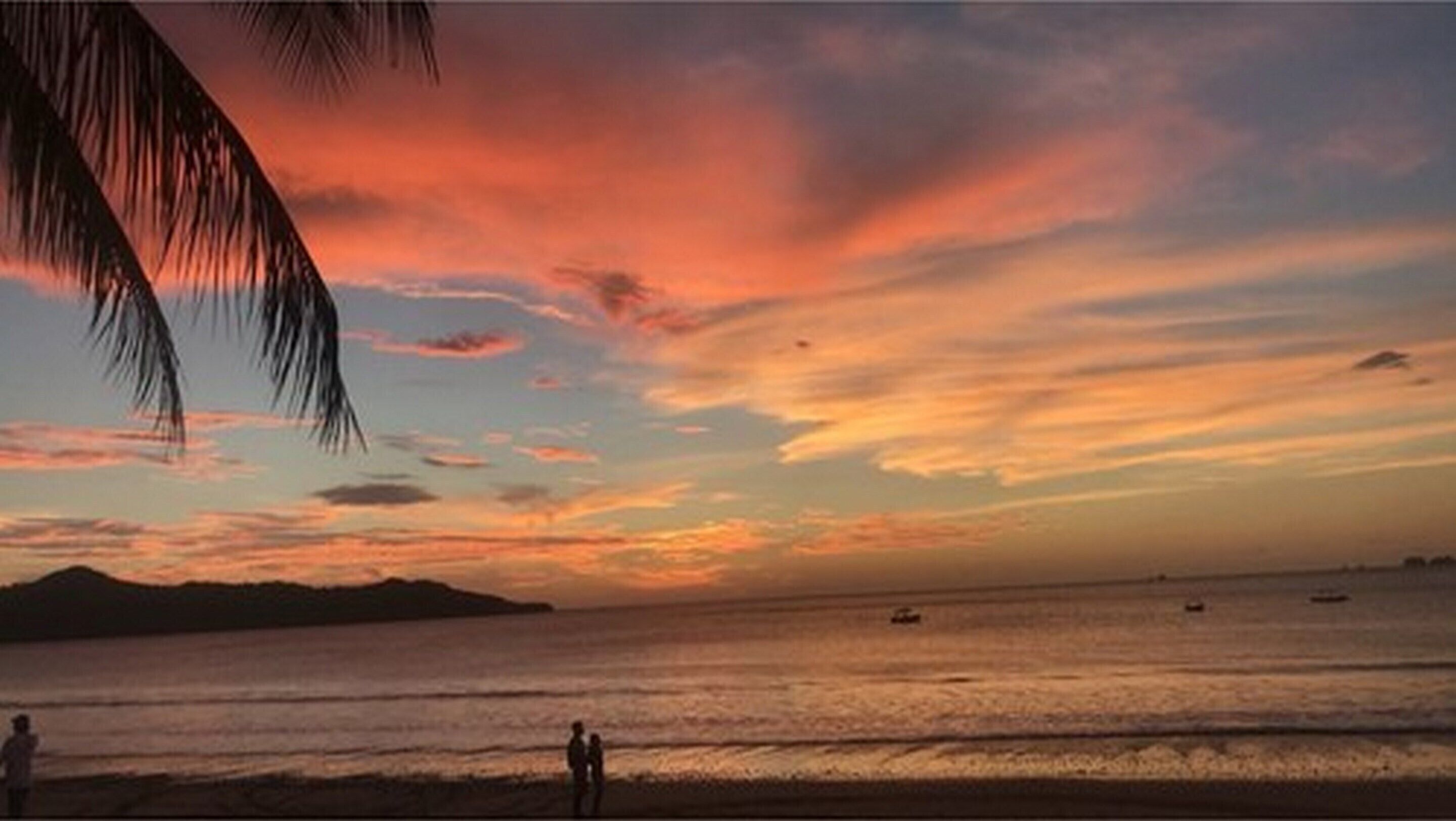 A beach scene with a sunset, calm sea, and silhouettes of people.