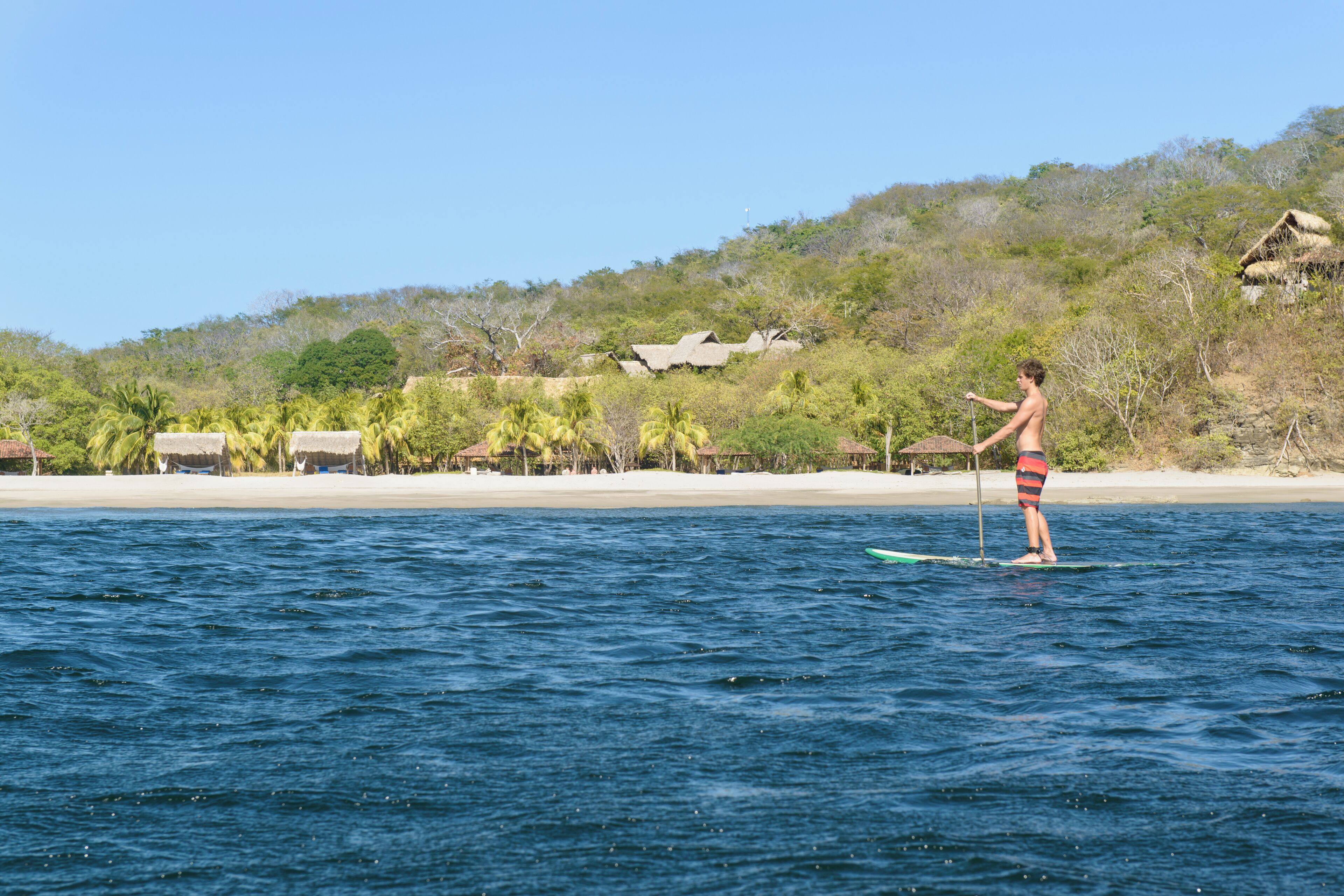 A person paddleboarding on a calm sea with a beach and houses in the background.