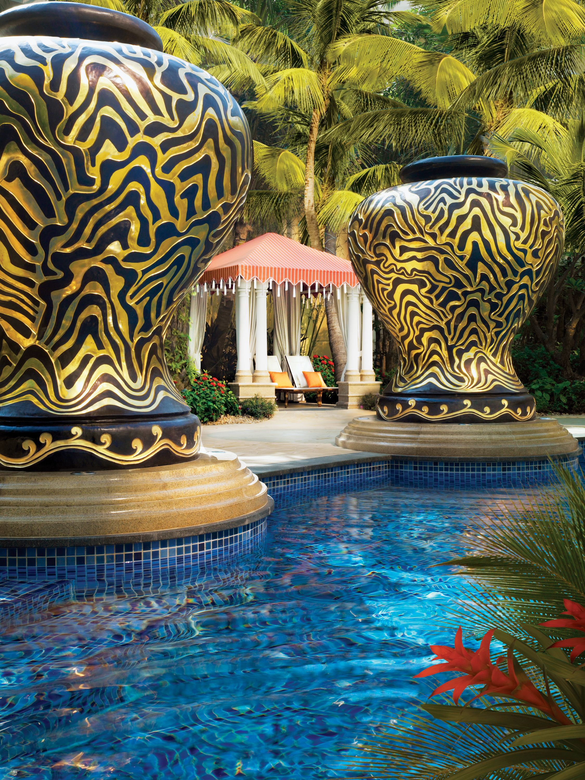 outdoor pool, pool umbrellas