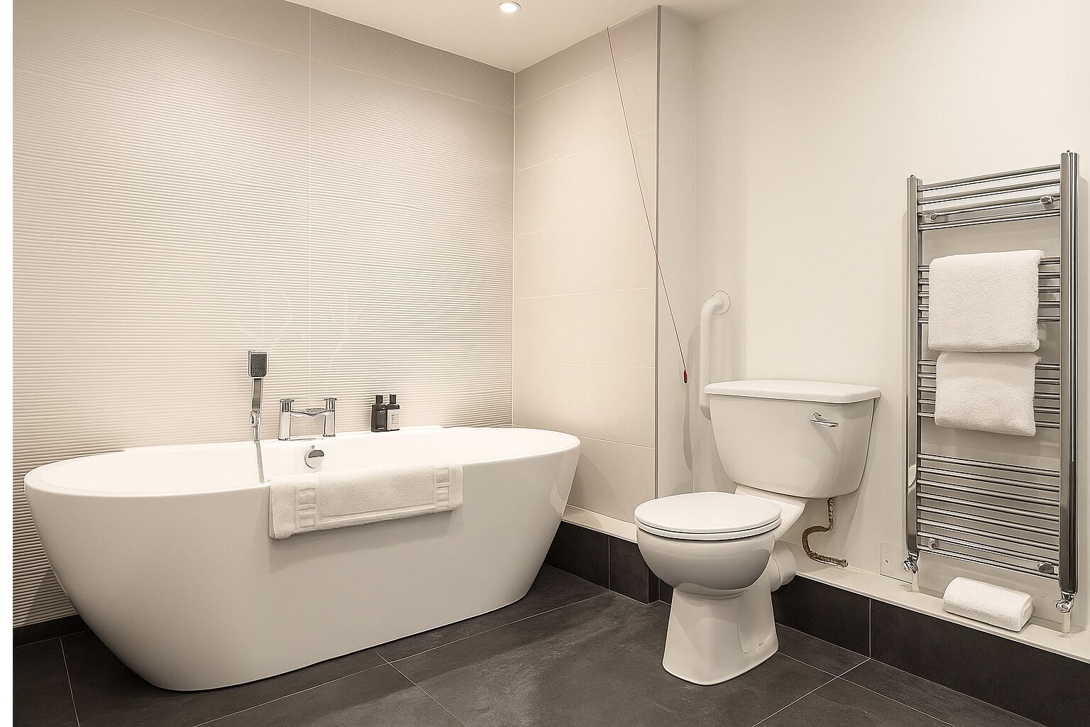 A modern bathroom with a freestanding bathtub, a toilet, and a towel rack.