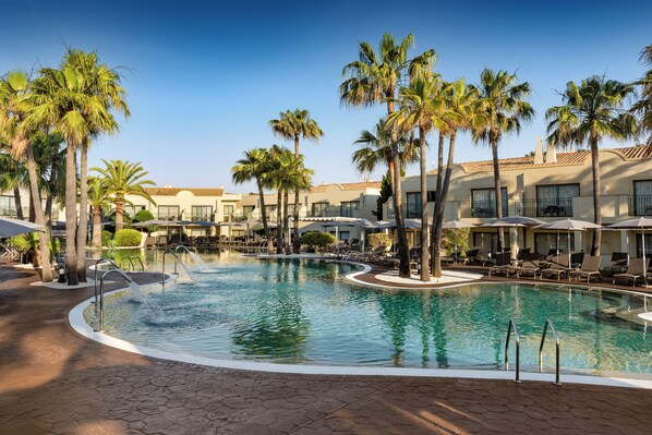 Outdoor pool, pool umbrellas, pool loungers