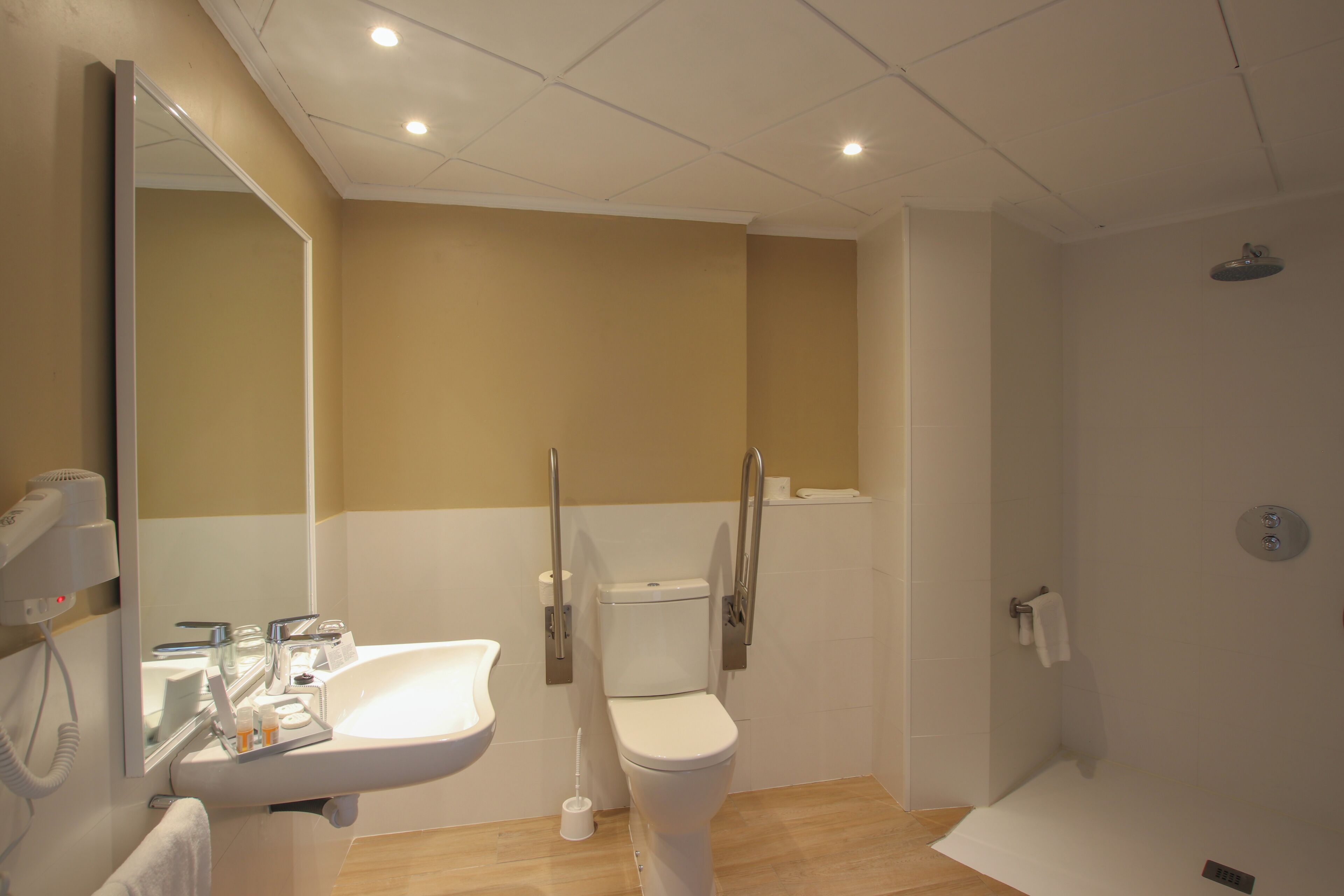 A bathroom with a sink, toilet, mirror, and shower.