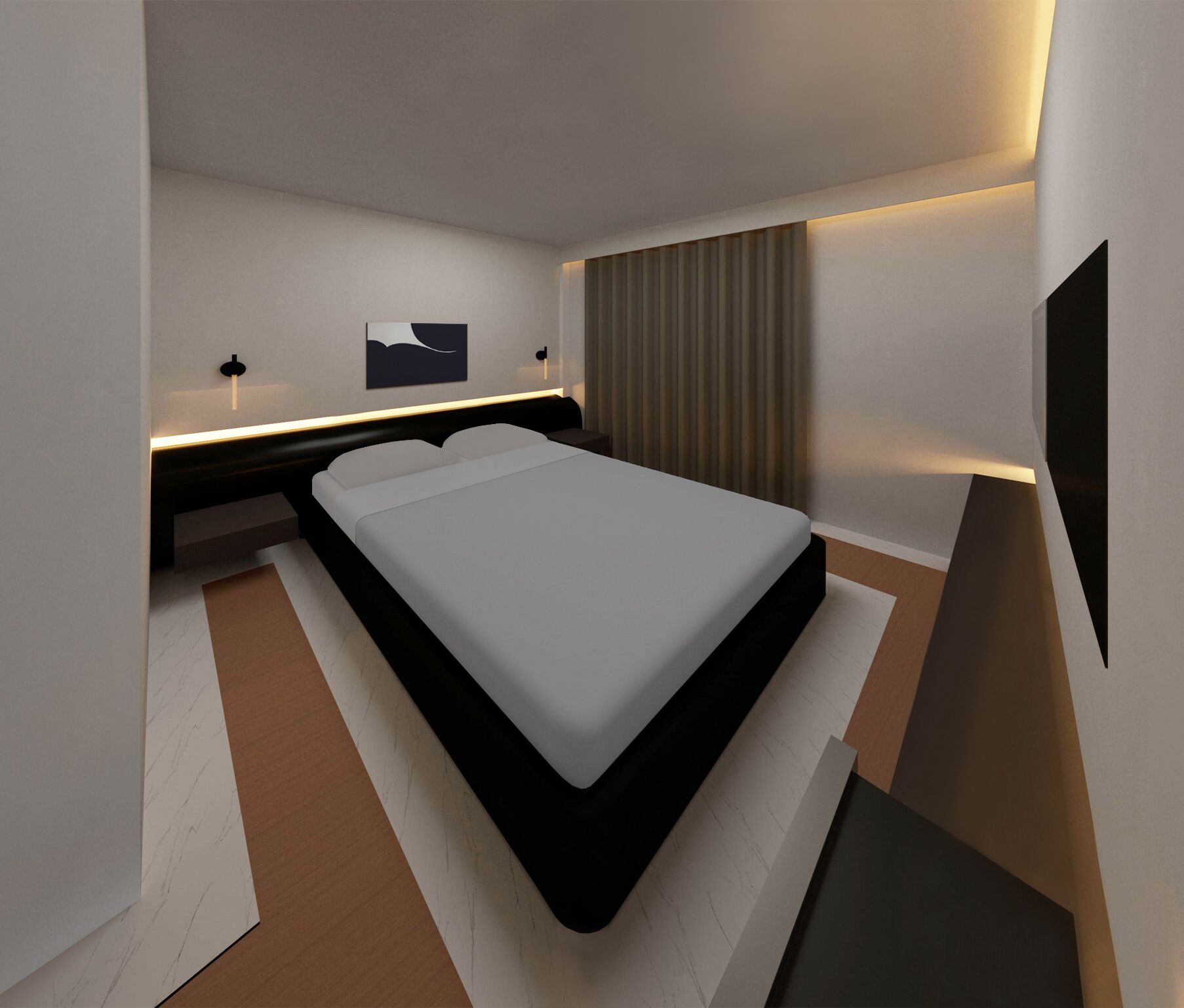 Escritorio, cortinas blackout y tabla de planchar con plancha 