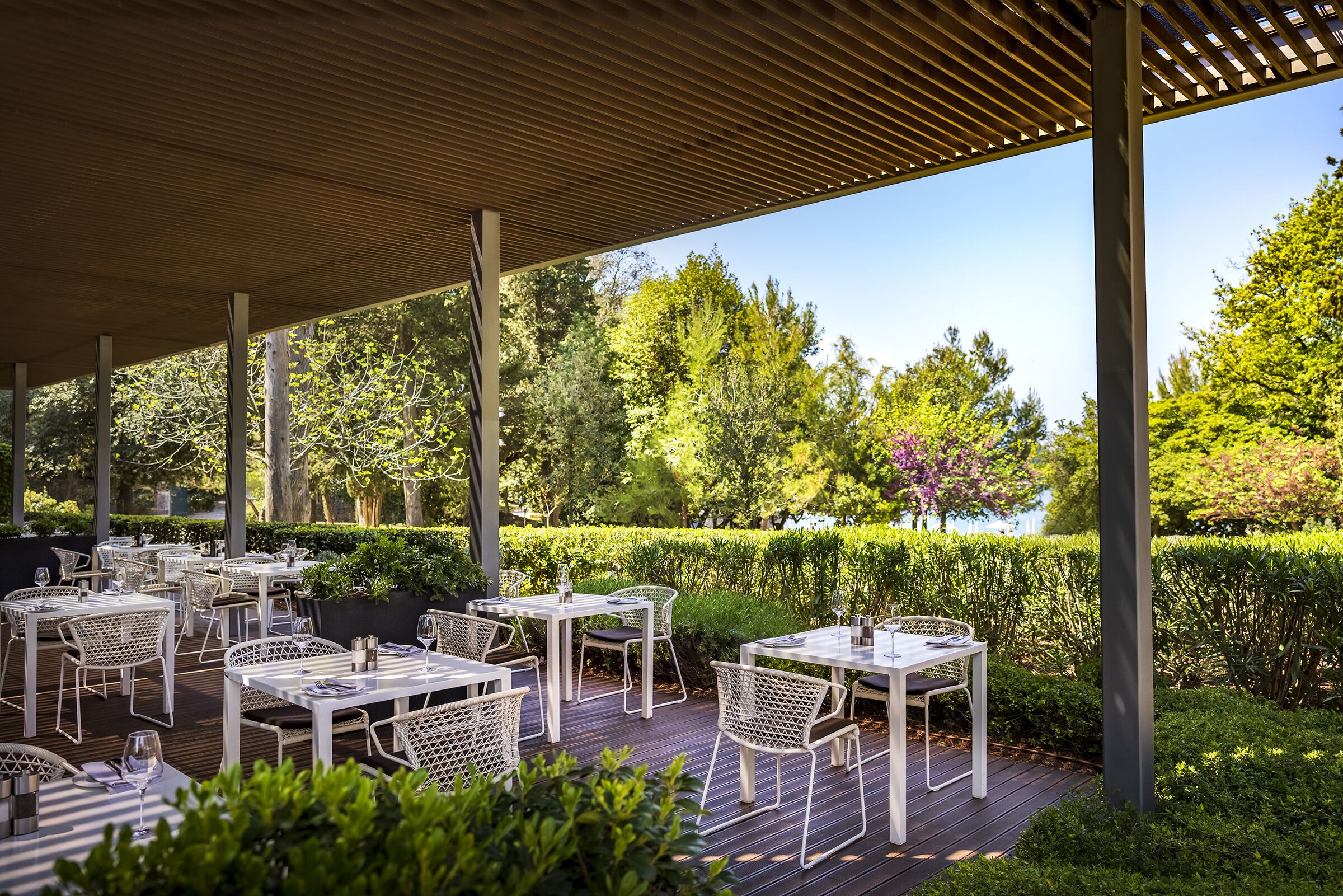 Une terrasse extérieure avec des tables et des chaises, entourée de verdure et d’arbres.