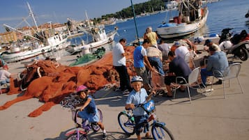 En hamn med båtar, människor och barn på cyklar.