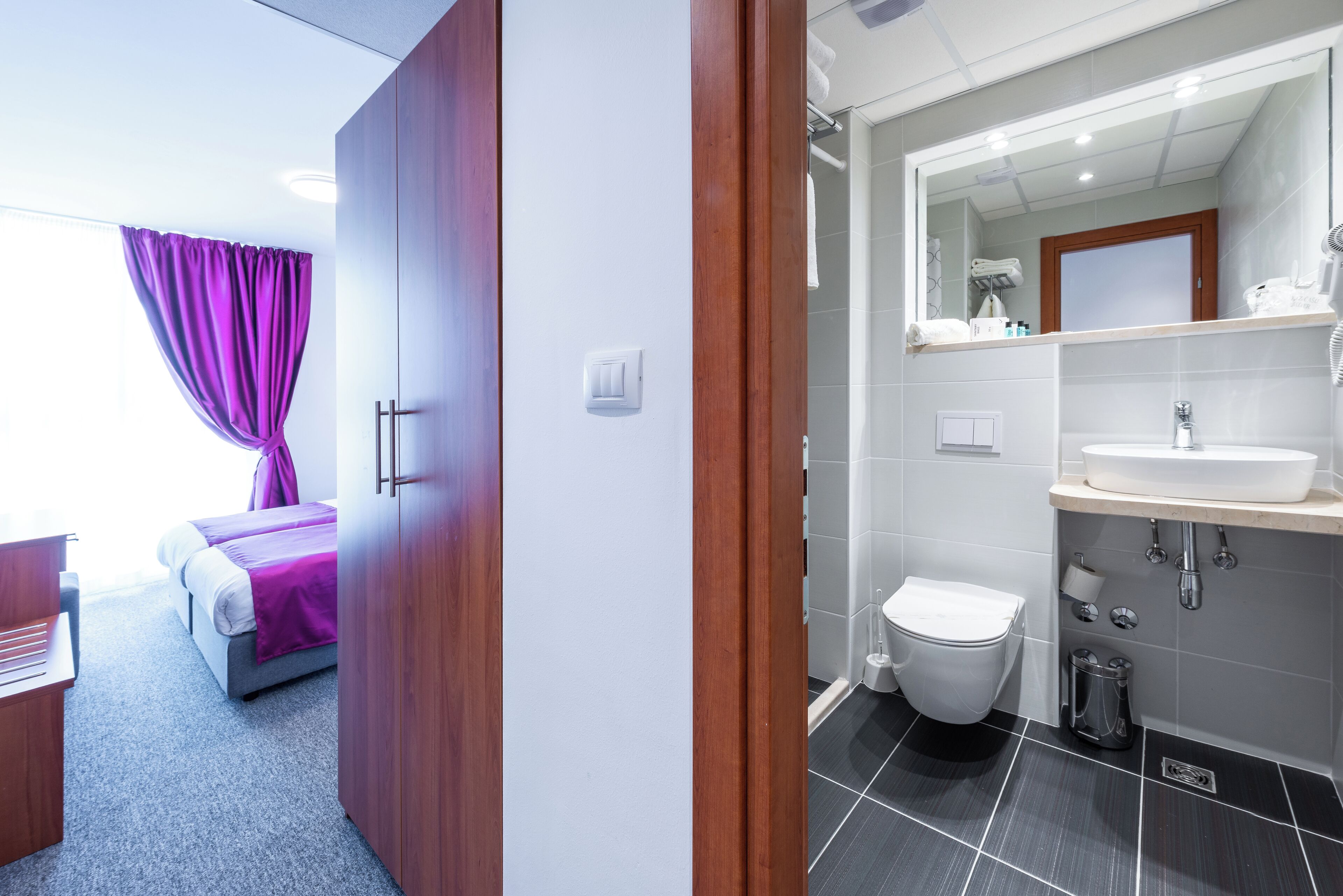Quarto de hotel moderno com cama, banheiro com pia e vaso sanitário, e área de chuveiro.