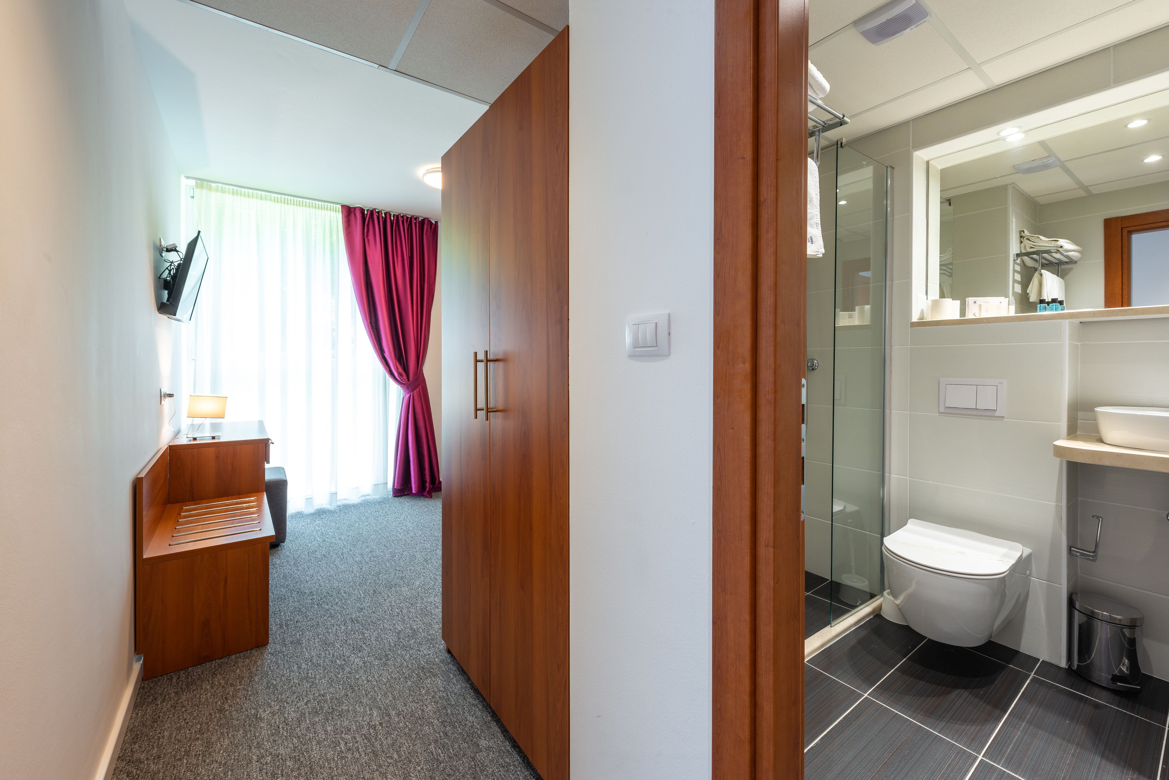 Une chambre d’hôtel avec une armoire en bois, un bureau avec une lampe, un espace douche et des toilettes.
