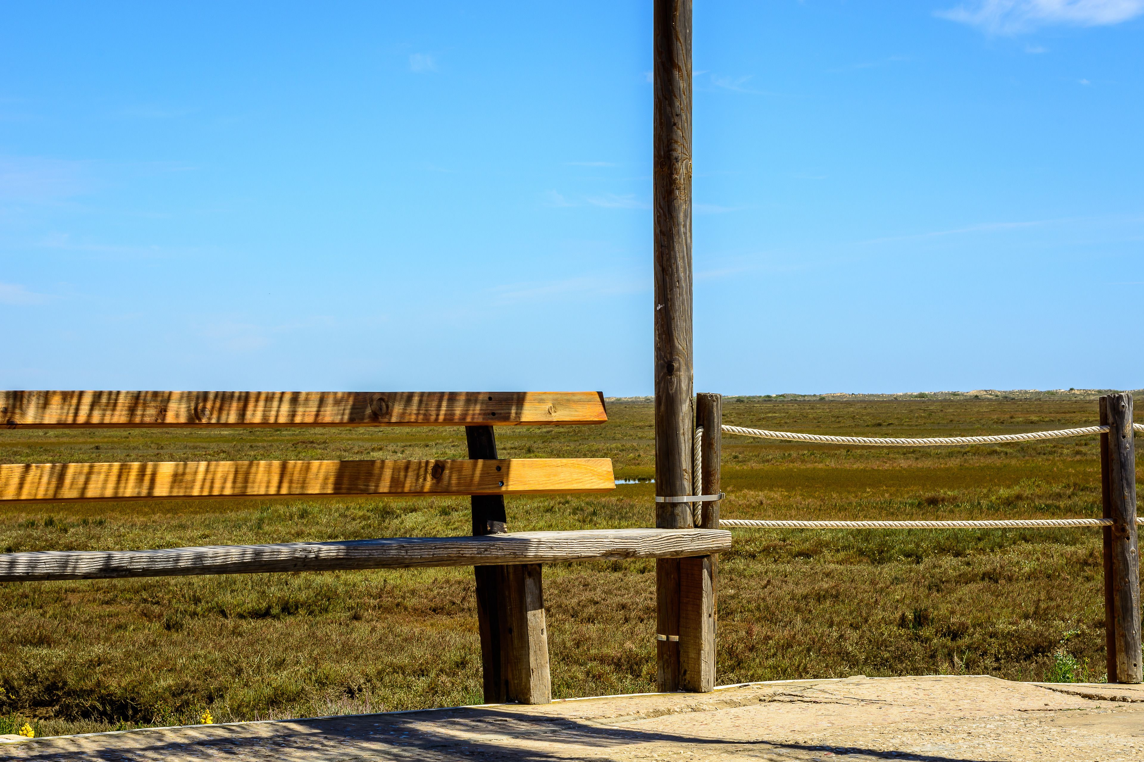 A wooden bench in a grassy field with a clear blue sky.