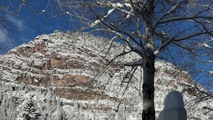 A snow-covered landscape with a sign for 'The Clipper Inn Bed & Breakfast' indicating a rustic lodging option. - The Clipper Inn Bed & Breakfast (Ouray)