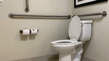 A bathroom with a white toilet, a handrail, and a framed picture on the wall.