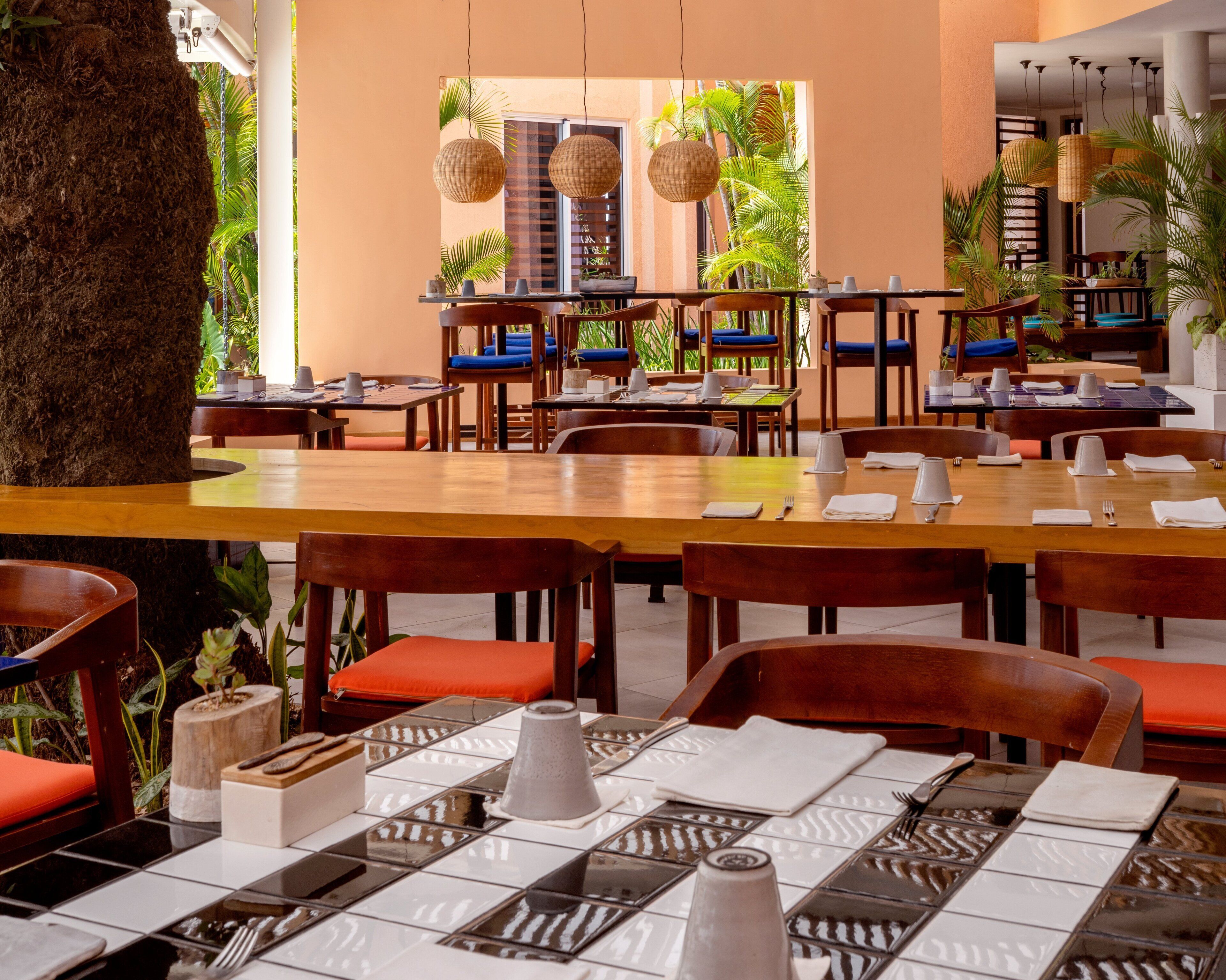 Un restaurante con mesas y sillas de madera, un árbol grande y lámparas colgantes.
