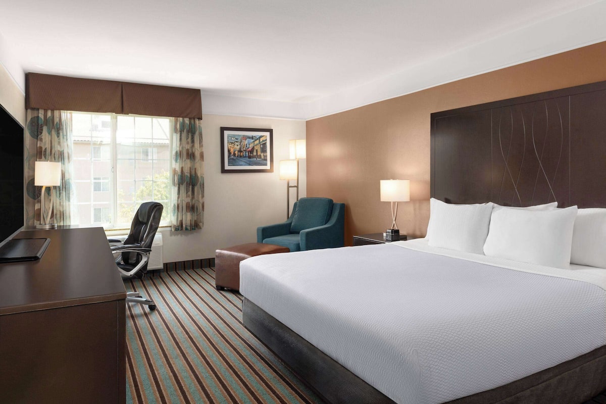 A hotel room with a large bed, a desk, a chair, and a TV.