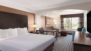 A hotel room with a large bed, a desk, a chair, a sofa, a TV, and a window with curtains.
