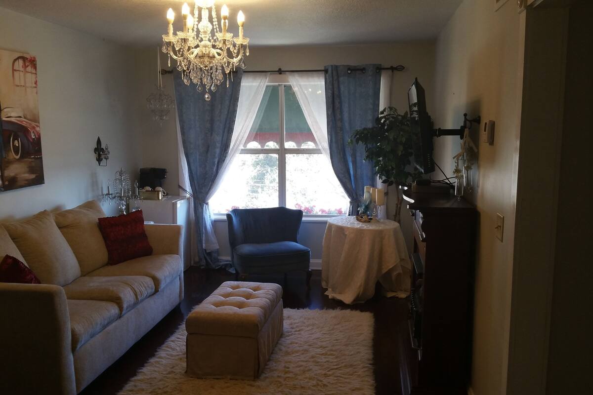 A living room with a sofa, ottoman, chandelier, and a table with a plant.