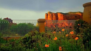 A fenced garden with vibrant orange flowers and a backdrop of red rock formations.