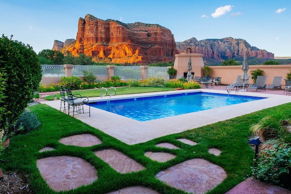 Seasonal outdoor pool, pool umbrellas, sun loungers